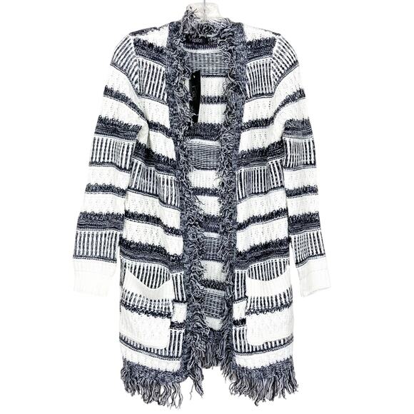 Papillon Black White Knit Fringe Open Front Cardigan Sz S - Picture 1 of 7